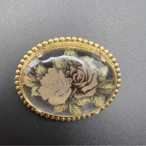 Vintage Clear Decoupage Floral Brooch Pin Ornate Gold Tone Filigree Pendant Oval